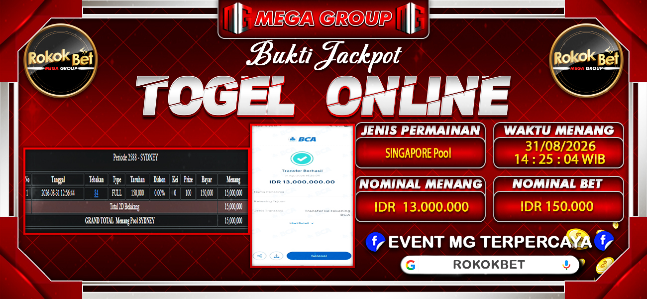 Bukti JP situs Rokokbet hari Senin, 31 Agustus 2026